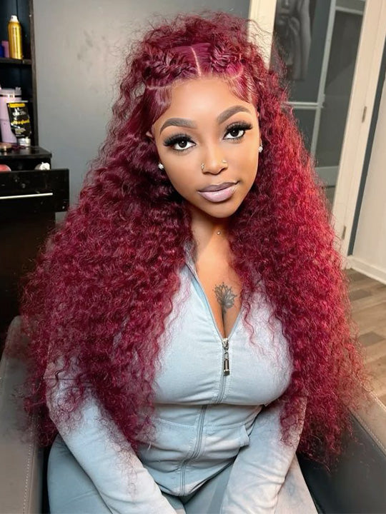 99J Dark Red Hair Jerry Curly Burgundy Wig 13x4 13x6 360 Transparent Lace Human Hair Wigs