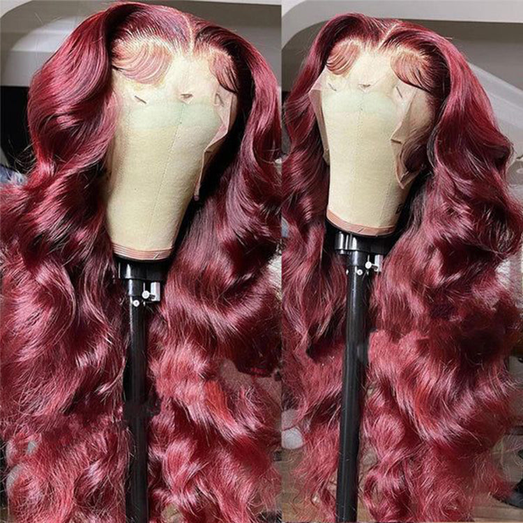 99j Burgundy Colored 3D Body Wave Glueless 4x4 Lace Closure Wig Human Hair