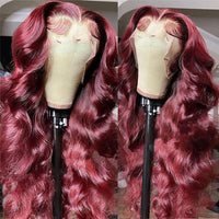 99j Burgundy Colored 3D Body Wave Glueless 4x4 Lace Closure Wig Human Hair