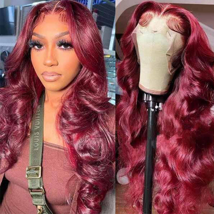 99j Burgundy Colored 3D Body Wave Glueless 4x4 Lace Closure Wig Human Hair