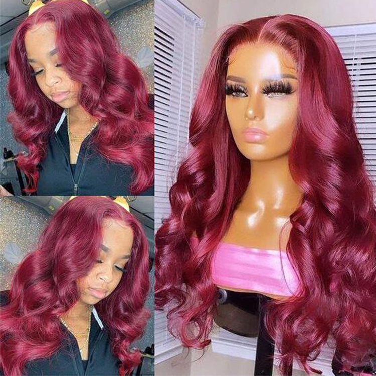 99j Burgundy Colored 3D Body Wave Glueless 4x4 Lace Closure Wig Human Hair