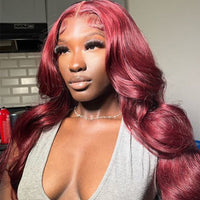 99j Burgundy Colored 3D Body Wave Glueless 4x4 Lace Closure Wig Human Hair
