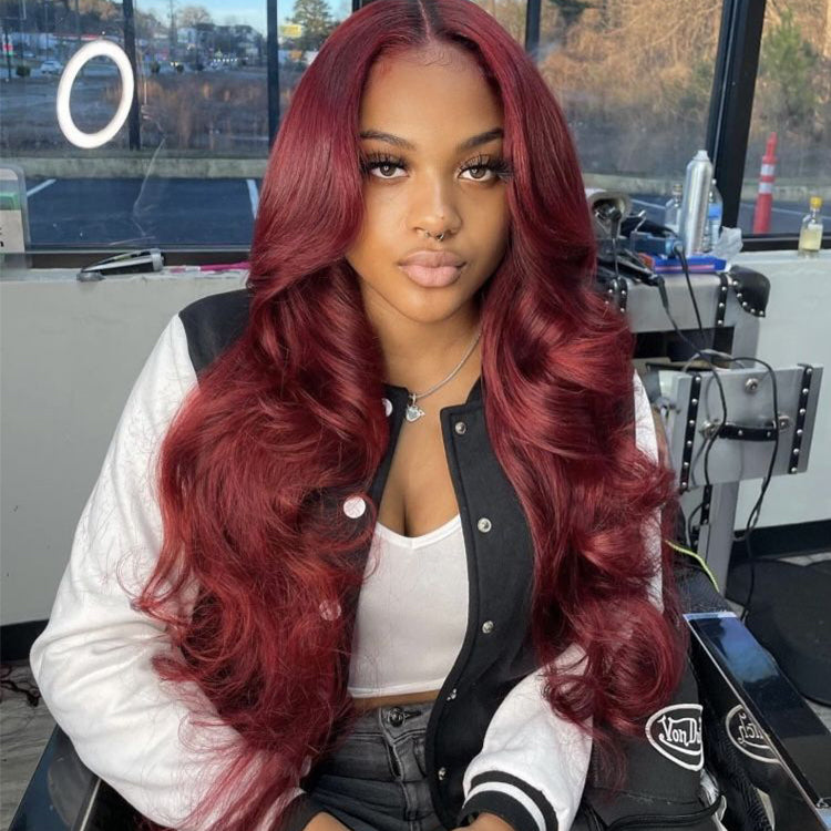 99j Burgundy Colored 3D Body Wave Glueless 4x4 Lace Closure Wig Human Hair