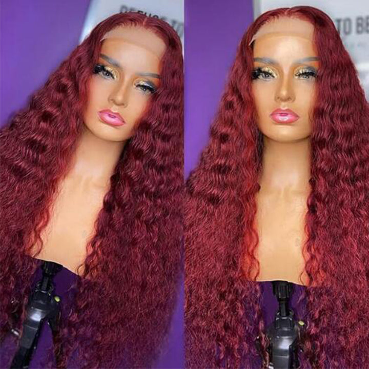 99J Burgundy Color 5x5 HD Lace Closure Wigs Deep Wave Dark Red Human Hair Wigs