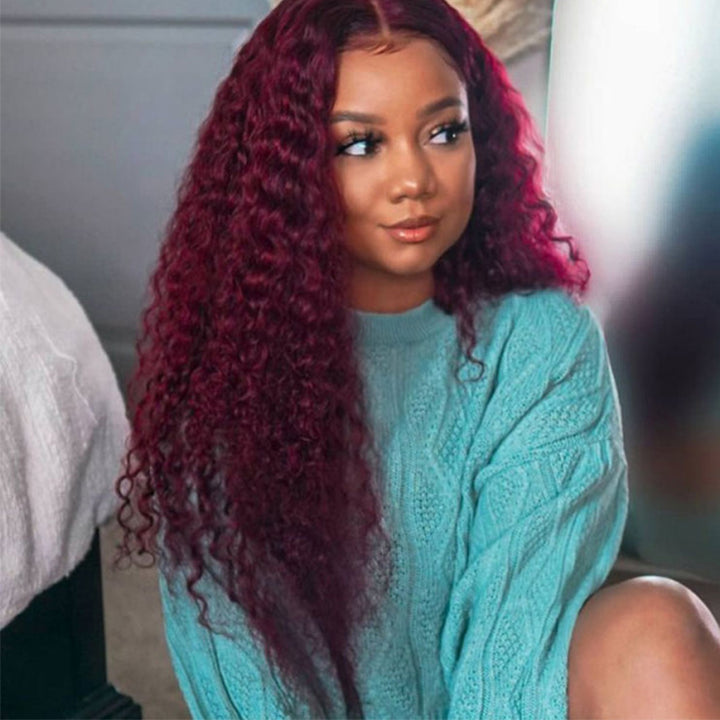 99J Burgundy Color 5x5 HD Lace Closure Wigs Deep Wave Dark Red Human Hair Wigs