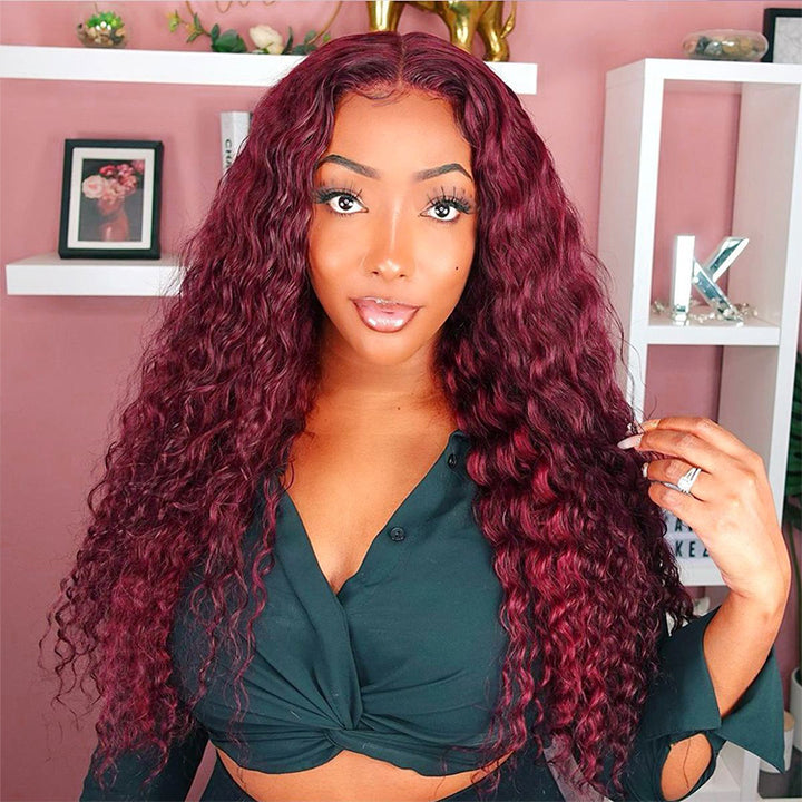 99J Burgundy Color 5x5 HD Lace Closure Wigs Deep Wave Dark Red Human Hair Wigs