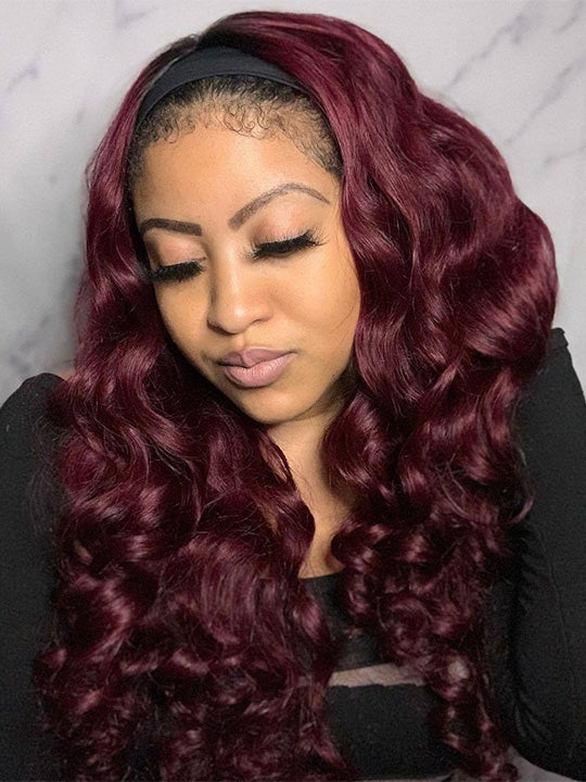 99J Burgundy Hair Headband Wig With Black Roots 3D Body Wave Human Hair Wigs