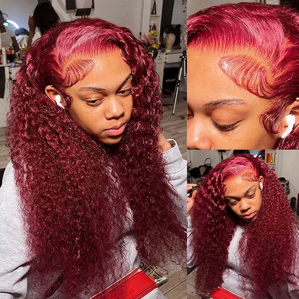 Bleached Knots 99J Deep Curly Burgundy Wig 360 Transparent Lace Human Hair Wigs