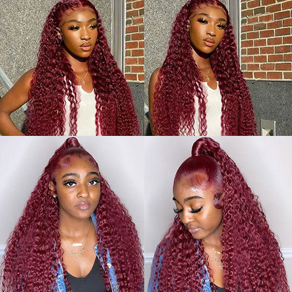 Bleached Knots 99J Deep Curly Burgundy Wig 360 Transparent Lace Human Hair Wigs