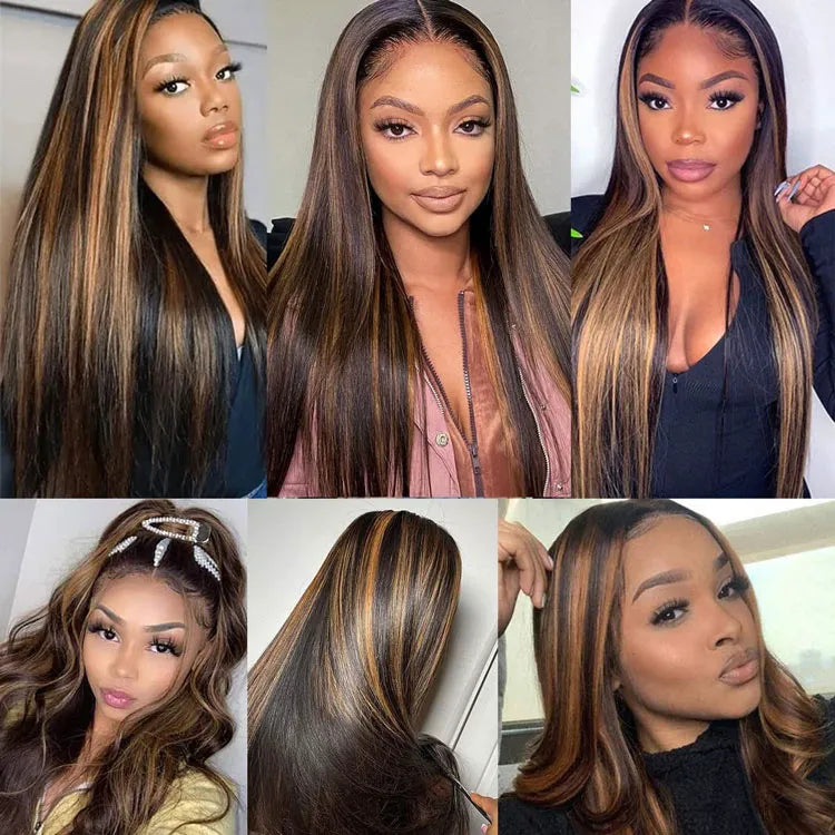 Bleached Knots Brown Highlight Wig Bone Straight 5x5 13x4 Lace Front Human Hair Wigs