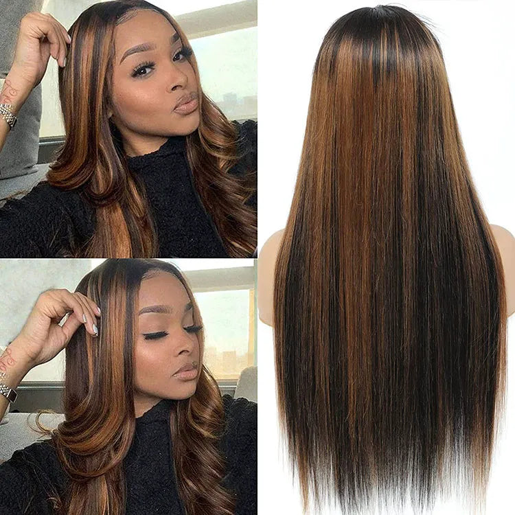 Bleached Knots Brown Highlight Wig Bone Straight 5x5 13x4 Lace Front Human Hair Wigs