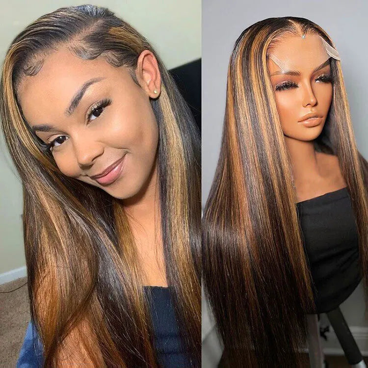 Bleached Knots Brown Highlight Wig Bone Straight 5x5 13x4 Lace Front Human Hair Wigs