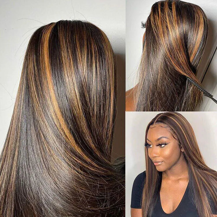 Bleached Knots Brown Highlight Wig Bone Straight 5x5 13x4 Lace Front Human Hair Wigs