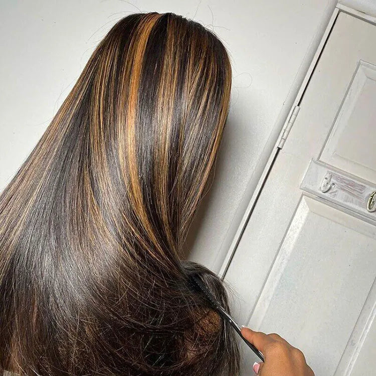 Bleached Knots Brown Highlight Wig Bone Straight 5x5 13x4 Lace Front Human Hair Wigs