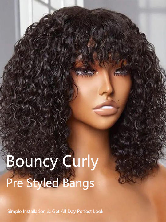 Bouncy Natural Wave Wig with Bangs Glueless 3x1 Lace Pull & Go Drawstring Wig