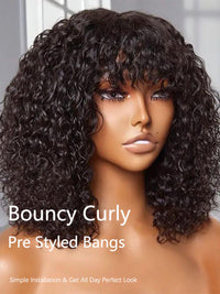 Bouncy Natural Wave Wig with Bangs Glueless 3x1 Lace Pull & Go Drawstring Wig