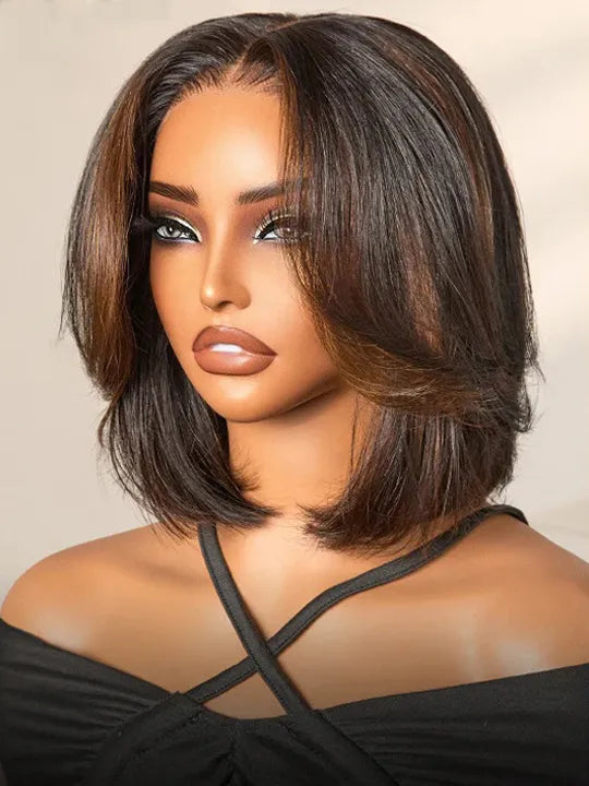 Kisslove Hair 300% Density 7x5 Bye Bye Knots Layered Yaki Straight Short Bob Wig Invisi Drawstring Glueless Bob Wigs