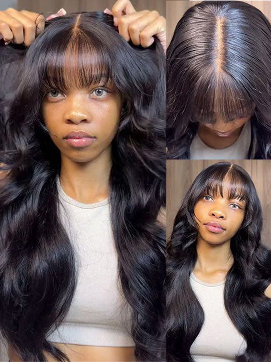 KissLove Pre Everything Body Wave Wig with Bangs Pre Styled Glueless Invisi-Drawstring Wig