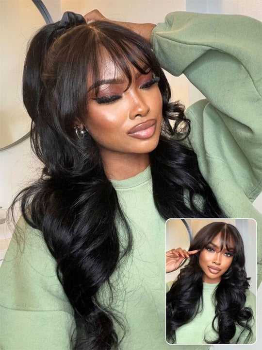 KissLove Pre Everything Body Wave Wig with Bangs Pre Styled Glueless Invisi-Drawstring Wig
