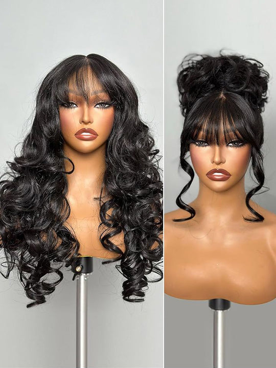 KissLove Pre Everything Body Wave Wig with Bangs Pre Styled Glueless Invisi-Drawstring Wig