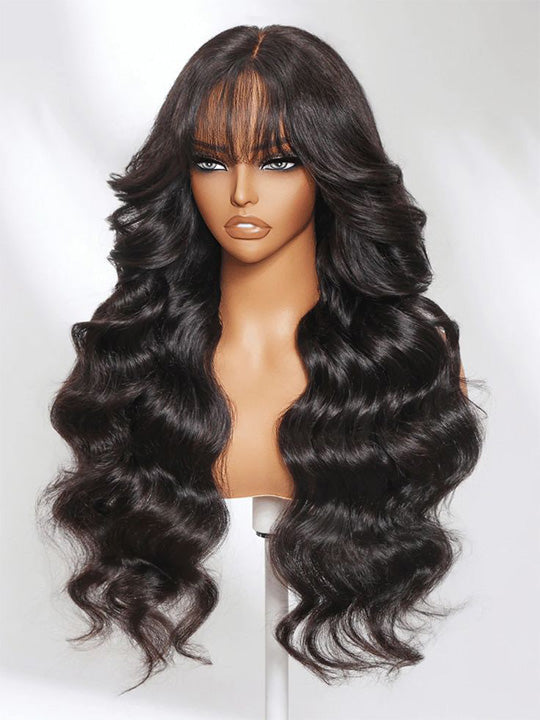 KissLove Pre Everything Body Wave Wig with Bangs Pre Styled Glueless Invisi-Drawstring Wig