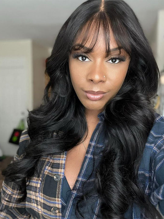 KissLove Pre Everything Body Wave Wig with Bangs Pre Styled Glueless Invisi-Drawstring Wig