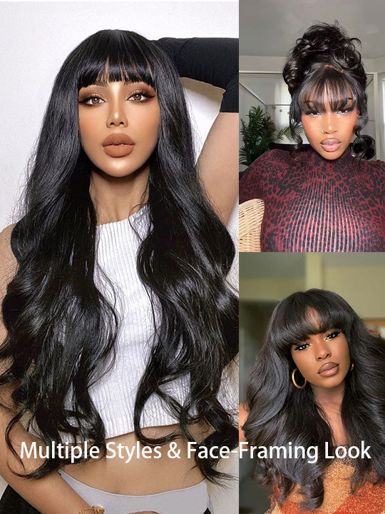 KissLove Pre Everything Body Wave Wig with Bangs Pre Styled Glueless Invisi-Drawstring Wig