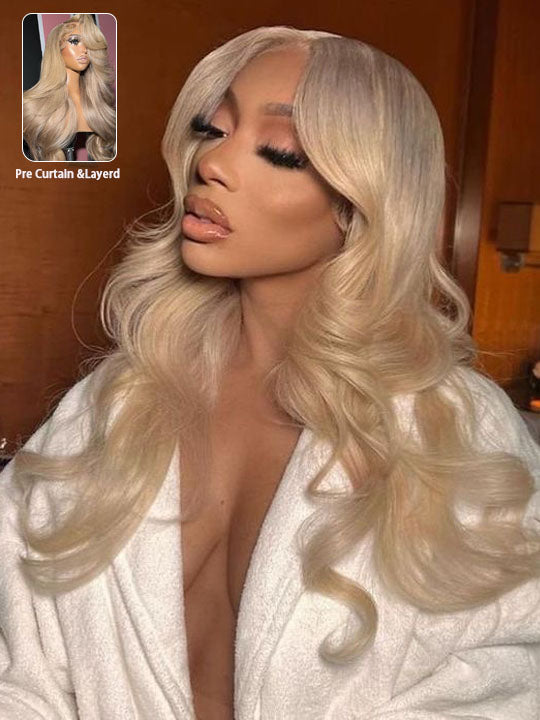 Ash Blonde Hair With Curtain Bangs Wig Glueless 5x5 Lace Front Wigs 3D Body Wave
