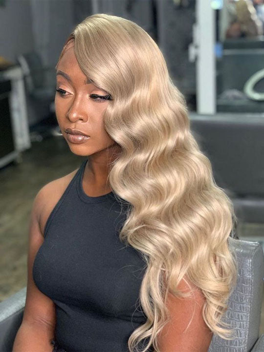 Kisslove Ash Blonde Hair 3D Body Wave Wig Snug Fit Invisi Strap 360 Lace Frontal Wigs