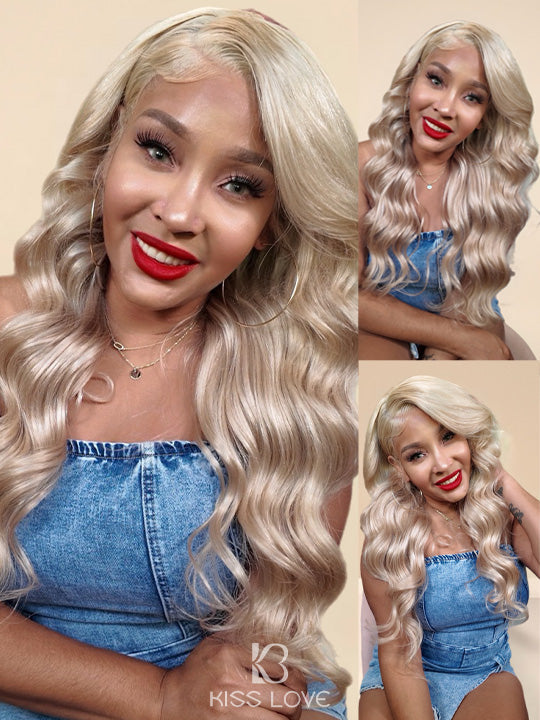 Kisslove Ash Blonde Hair 3D Body Wave Wig Snug Fit Invisi Strap 360 Lace Frontal Wigs