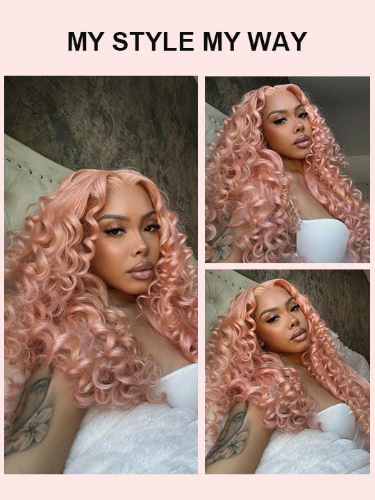 Kisslove Ash Pink Blonde Hair 3D Loose Body Wave Wig Dusty Rose Pink Color Pull Go Drawstring Wig