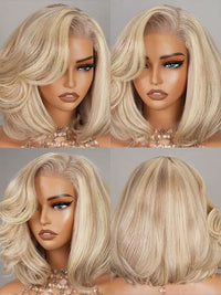 Blonde Bob Wig Glueless HD Transparent Lace Short Bob Wigs with Milktea Brown Balayage Highlights