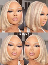 Blonde Bob Wig Glueless HD Transparent Lace Short Bob Wigs with Milktea Brown Balayage Highlights