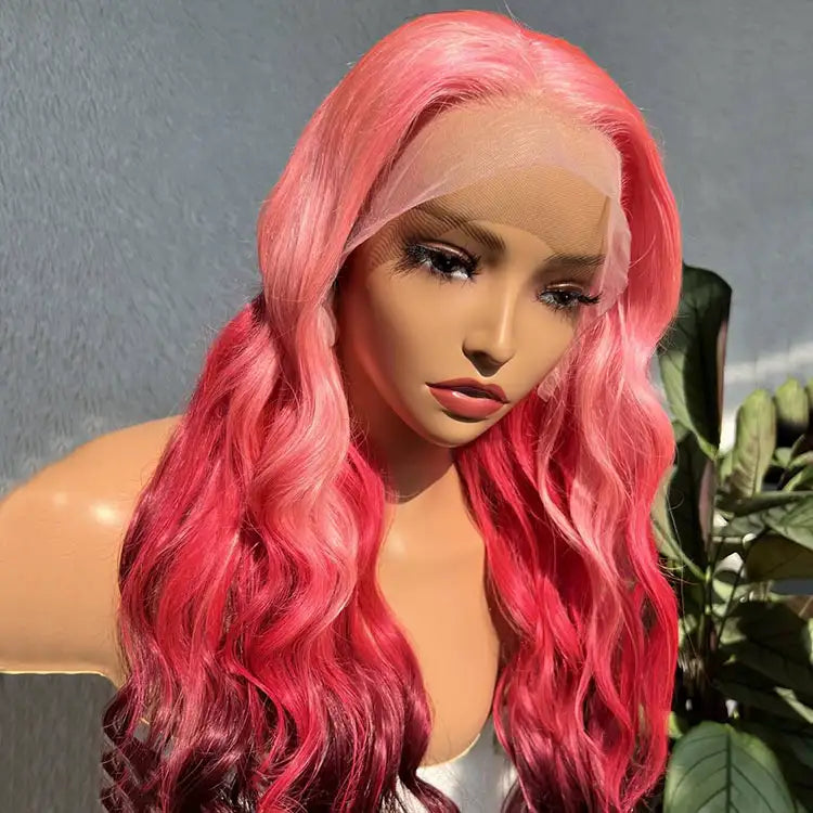 Ombre Pink Color Wig Three Tone 3D Body Wave 13x4 Lace Frontal Human Hair Wigs