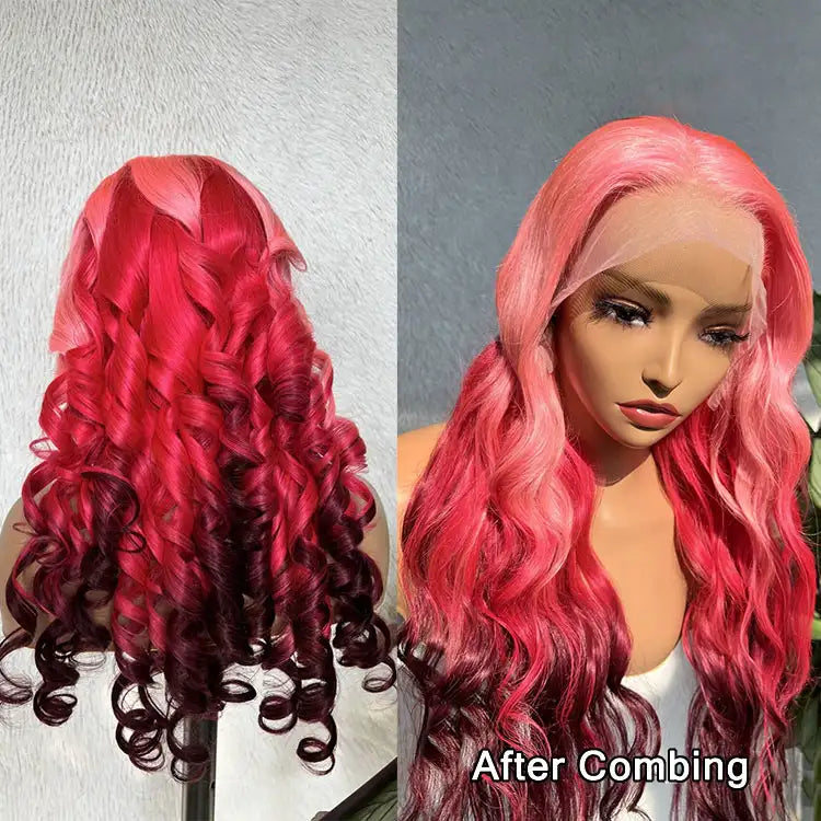Ombre Pink Color Wig Three Tone 3D Body Wave 13x4 Lace Frontal Human Hair Wigs