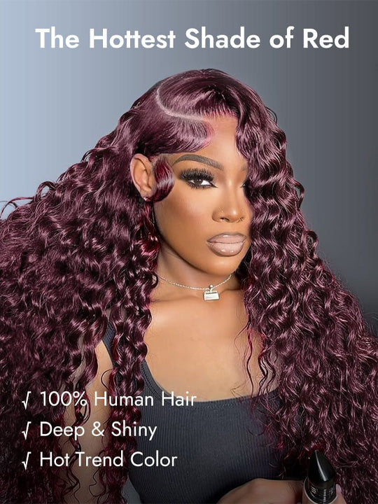 Kisslove Hair Black Cherry Water Wave Invisi Drawstring Lace Frontal Wig Glueless Dark Plum Color Wig
