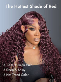 Kisslove Hair Black Cherry Water Wave Invisi Drawstring Lace Frontal Wig Glueless Dark Plum Color Wig
