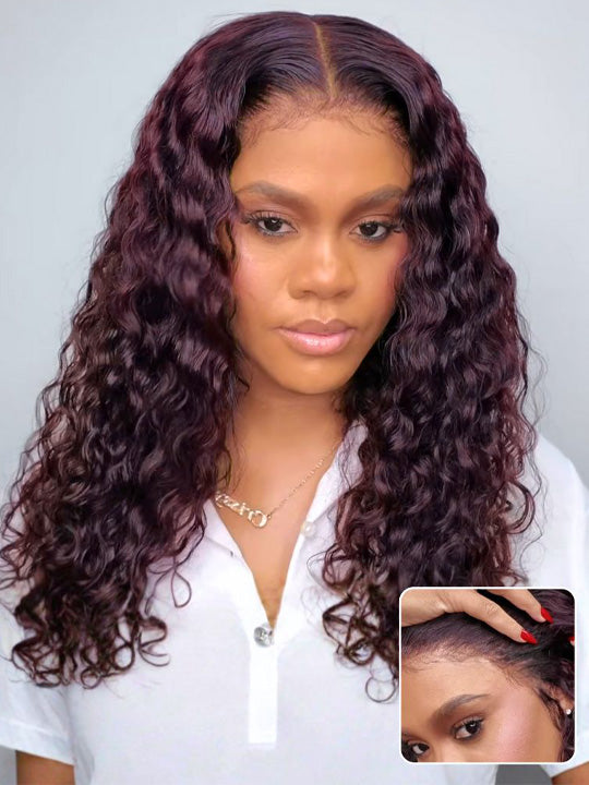 Kisslove Hair Black Cherry Water Wave Invisi Drawstring Lace Frontal Wig Glueless Dark Plum Color Wig