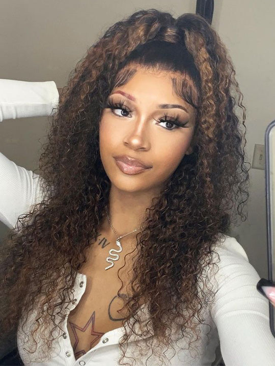 Kisslove Black Hair With Brown Highlights Water Wave Wig Pre Everything Invisi Drawstring 360 Lace Frontal Wig