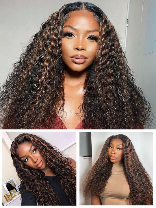Full 13x6 Lace Frontal Highlights Wig Deep Wave Bye Bye Knots Colored Human Hair Wigs