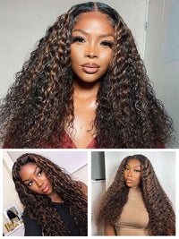 Full 13x6 Lace Frontal Highlights Wig Deep Wave Bye Bye Knots Colored Human Hair Wigs
