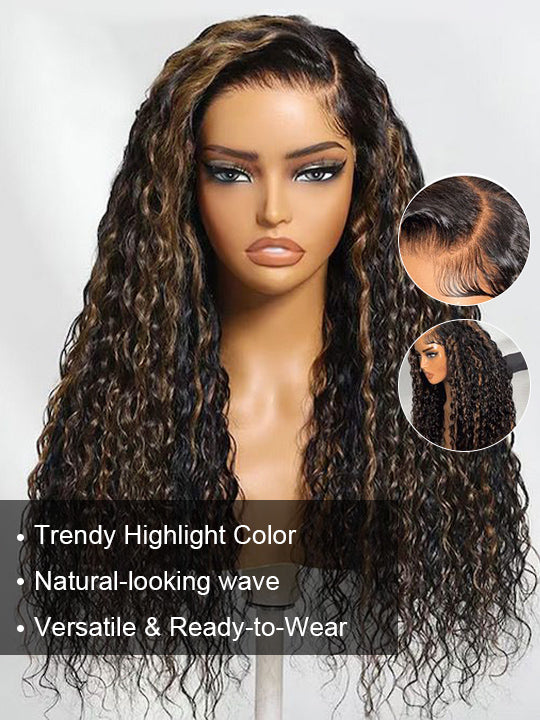 Kisslove Black Hair With Brown Highlights Water Wave Wig Pre Everything Invisi Drawstring 360 Lace Frontal Wig