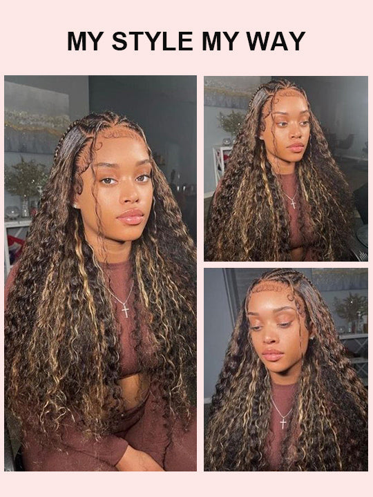 Full 13x6 Lace Frontal Highlights Wig Deep Wave Bye Bye Knots Colored Human Hair Wigs