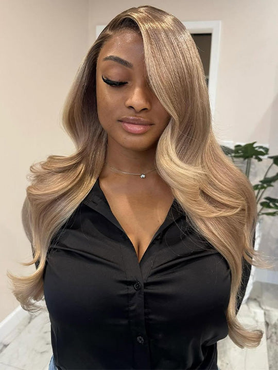 Glueless Ombre Warm Brown To Blonde Balayage Bouncy Body Wave Wig 6x4.5 Lace Wig
