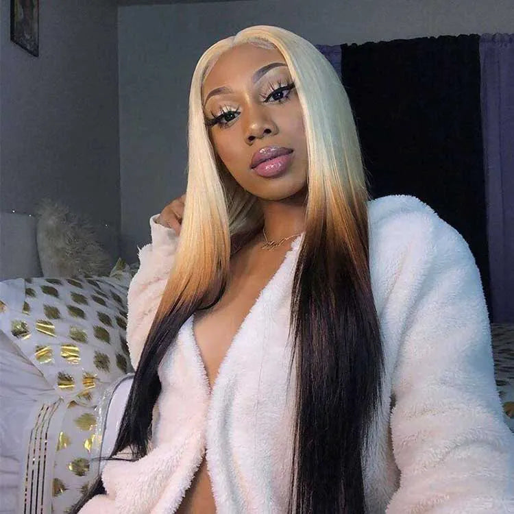 Blonde Brown Ombre Wig Bone Straight 13x4 HD Lace Front Human Hair Wigs