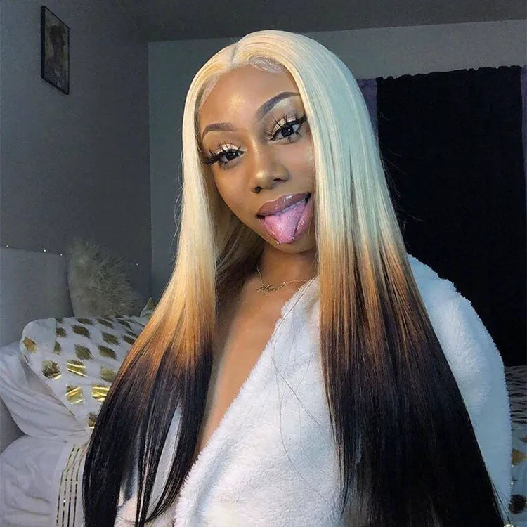 Blonde Brown Ombre Wig Bone Straight 13x4 HD Lace Front Human Hair Wigs