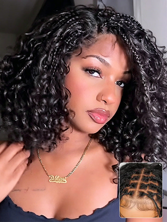 Knotless Boho Braided Water Wave Wig Glueless Pre-Cut Lace Human Hair Braided Wigs For Women