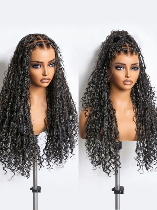 Knotless Boho Braided Water Wave Wig Glueless Pre-Cut Lace Human Hair Braided Wigs For Women