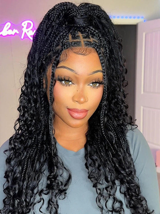 Knotless Boho Braided Water Wave Wig Glueless Pre-Cut Lace Human Hair Braided Wigs For Women