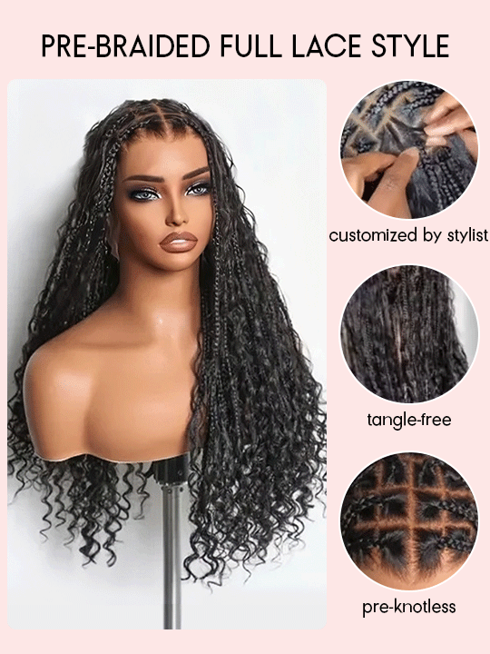 Ombre Chestnut Brown Full Lace Boho Braided Wig Glueless Invisi-Drawstring Ready To Go Wigs